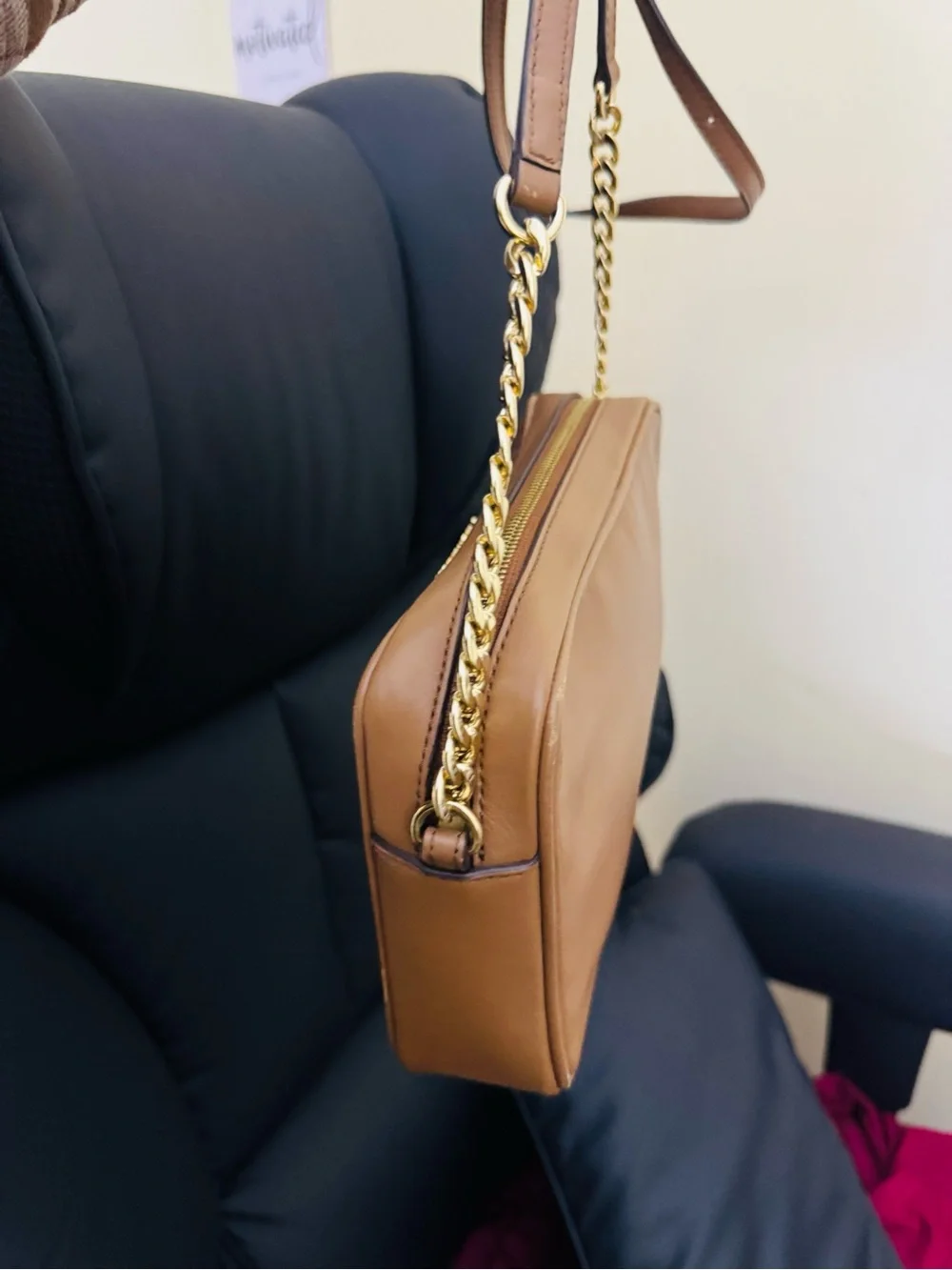 Michael Kors Tan Woven Leather Crossbody with Gold Chain